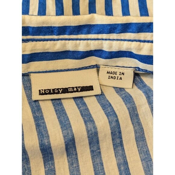 Noisy May Blouse Womens L Blue White Stripe Ruffle Coastal Romantic Sleeveless - Picture 6 of 7